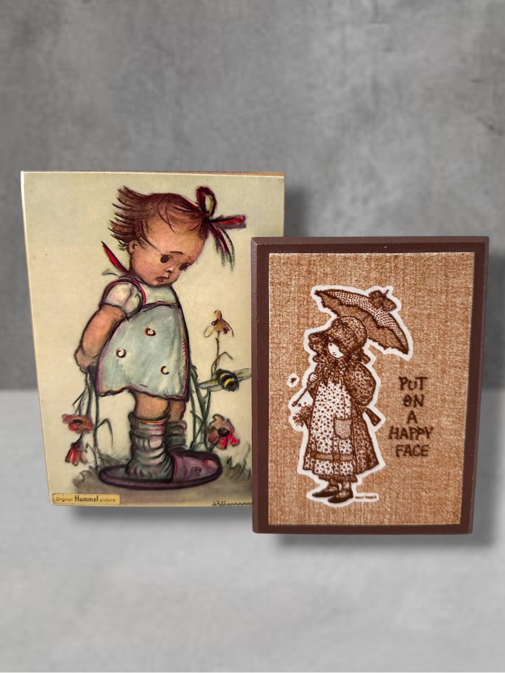 2 Hummel Original Vintage Wood  Plaque W GERMANY 3.5X5.5 & HOLLY HOBBIE
